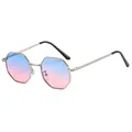 Octagonal gold metal sunglasses with blue to pink gradient lenses in a trendy style - Silver Frame Blue Pink Lens