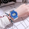 Transparent blue square digital sports watch with LED display and resin strap - Blue