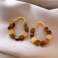 Elegant gold earrings with brown tiger eye beads on grey silk, Maillard retro style - 17# Square Tiger Eye Gold Clip (Real Gold Plated)