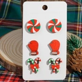 3-pack Christmas stud earrings with candy cane, red glove, and striped disc designs - Spiral Candy Red Gloves Candy Cane Style (SD62538)
