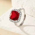 Silver open ring featuring a square red gemstone surrounded by small white zircon stones - Platinum Gold [red Diamond] Ljz-266 / Adjustable Open