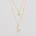 Double-layered gold star and moon necklace with sparkling crystals and elegant chain - Double-layered Sparkling Diamond Star Moon Necklace / Gold / Copper