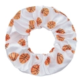 White satin scrunchie with orange basketball print pattern for sports hairstyles - Basketball White