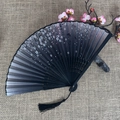 Classic black folding fan with butterfly plum blossom prints and black silk tassel - No.33 Gradient Black Plum Butterfly
