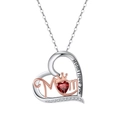 Silver and rose gold Mom I love you heart necklace with red gemstone and crown - Garnet White Gold Plated, Approx. 2.86g