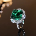 Silver ring with emerald green square stone and small white marquise side stones - White Gold Ljz-271 / Adjustable Open
