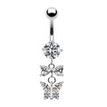Détail du piercing de nombril papillon en argent avec pendentifs en pierres de zircon - Style Double Papillon Argent (#7) / #7