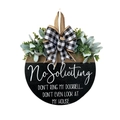 Targa rotonda in legno per porta con scritta No Soliciting, fiocco a quadri e foglie - Cartello Divertente No Soliciting