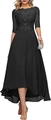Elegant black lace high-low evening dress with 3/4 sleeves and exquisite floral embroidery - US size 12 (L) / Bottoms / Black