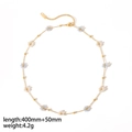 18K gold plated stainless steel bracelet with blue and white floral beads and gold charms - Necklace / Blue