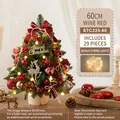 60cm wine red mini Christmas tree with 29 ornaments and LED lights on wood base - 60CM Wine Red Wood Log Tree