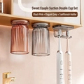 Magnetic toothbrush holder with two textured cups in pink and grey colors - Gray + Pink (Suction Cup) + Double Hook