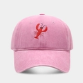 Close-up of a red lobster embroidery on pink washed cotton vintage baseball cap - Adjustable / Pink