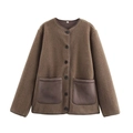 Women's brown fleece jacket with large faux leather pockets and button-down front - S / Brown