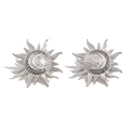 Silver celestial sun and moon stud earrings with sparkling crystal accents and texture - Silver