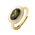 Anillo ajustable de oro con gema ovalada verde oliva y detalles de esmalte blanco - Blanco & Verde Oliva