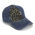 Detailed view of washed denim baseball cap with leopard patch and zigzag stitching - One Size / Navy Blue