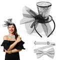 Silver sequin mini top hat headband with white bow tie set for festive party costumes - Silver Ribbon Bowtie