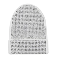 Dettaglio di un berretto in maglia bianca con strass argentati densamente applicati - L (58-60 cm) Elastico / Bianco (Bordo in Strass Argento)
