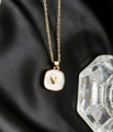 Golden necklace with square white shell pendant and gold heart on black satin background - Gold Style 2 (Square Pendant)