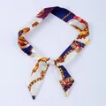 Navy blue French chain print skinny silk scarf for handbags and hair styling - X04-Multi