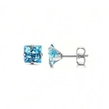 Square princess cut sky blue cubic zirconia stud earrings with silver four-claw setting - Blue