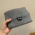 Winter plush bear ear bucket hat in dark grey ribbed knit fabric with woven brand tag - Knitted Headband - Grey