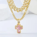 Pendente a croce rosa con diamanti su set di catene cubane e tennis in oro - Collana con ciondolo singolo / Oro
