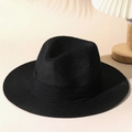 Classic black wide brim straw Fedora sun hat with elegant silk ribbon for summer beach - Black