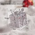 Silver lighted gift box 10x7x7cm with hollow pattern and ribbon for Christmas decor - Iron LED Light-up Silver Gift Box