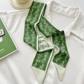 Green floral silk scarf tie for hair or bags styled on white shirt collar - Small Floral Vine