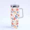 40oz stainless steel tumbler with floral leaf print, large handle and clear straw lid - Style 1-Pink Blue Floral