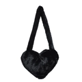 Faux fox fur heart-shaped shoulder bag in solid black plush material for women - Short Fur / Black Short Fur