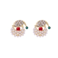 Festive Santa Claus stud earrings with pearls and colorful rhinestones in gold setting - Pearl Santa Claus