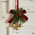 Christmas red velvet bow ornament with pine cones and golden bells, 16cm x 11cm - Triple Bells Style