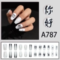 Set di unghie finte minimaliste bianco e nero con calligrafia cinese e punti - Stile Caratteri Cinesi Calligrafia Nero e Bianco (A787)