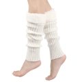Close-up of knit leg warmers in cream with soft plush faux fur cuffs on model - One Size / White