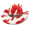 Faux fur cow print western cowboy hat with plush texture and bull head ornament - M (56-58cm) / Flat Top Red (Cow Print)