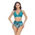 Two-piece teal halter bikini set with high-waisted tropical leaf print swim bottom - S / Teal Blue