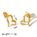 Polished 18k gold plated stainless steel heart stud earrings for women with size details - Gold Hollow Heart Style (TE6609-G)