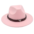 Detail of pink wool felt fedora featuring a leather band with metal bull head emblem - Pink