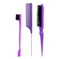 Purple 3-piece hair styling set with teasing brush, edge control and metal tail comb - Fine-tooth Purple