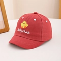 Close-up of baby chick embroidery and cursive lettering on a red cotton baseball cap - 50cm (1-3 Years) / Red