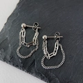 Minimalist silver dual chain drop earrings in polished stainless steel on stone - Silver
