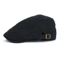 Classic black cotton beret flat cap with side adjustable bronze metal buckle detail - Black