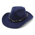 Detailed close-up of dark blue wool felt cowboy hat with star embossed leather band - Navy Blue