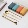 Golden stainless steel portable cutlery set with four colorful storage cases - Style A Gold