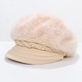 Winter women newsboy hat in beige faux rabbit fur with pearl embellishments - One Size / Slanted Pearl Beige