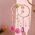 Handmade amethyst suncatcher wind chime with pink agate slice and crystal pendants - Rose Quartz