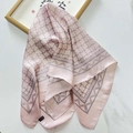 Pink polyester square scarf with geometric grey cross pattern and wavy edge accents - Pink